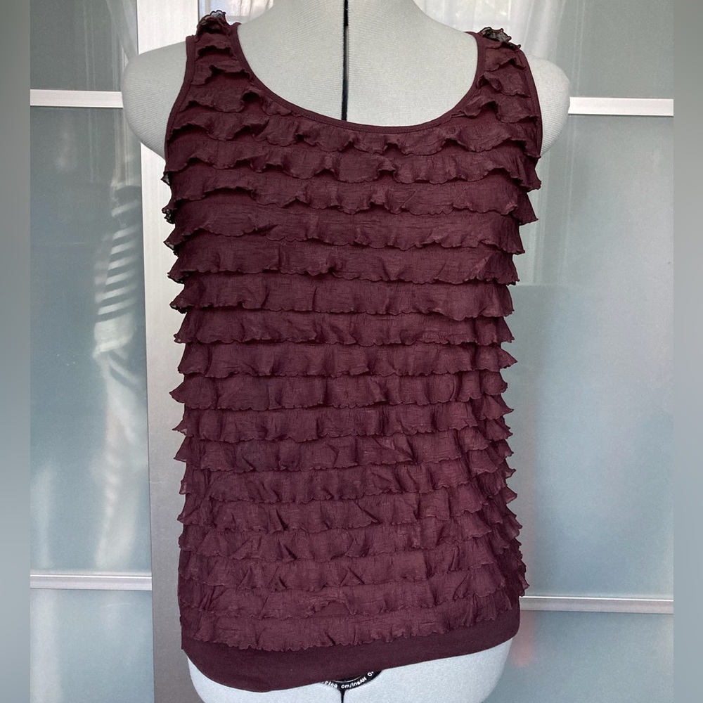 Ann Taylor Loft Women’s Sleeveless Scoop-neck Tiered Ruffled Tank, Burgundy, Sm